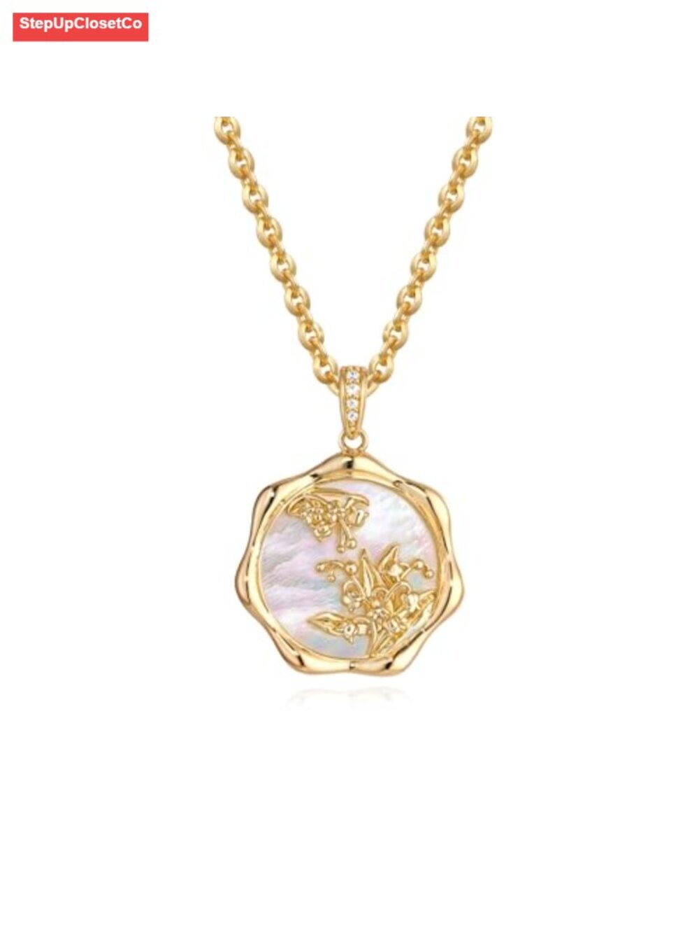 14K Gold Plated Birth Flower Necklace Mother of Pearl Pendant Women May Lily